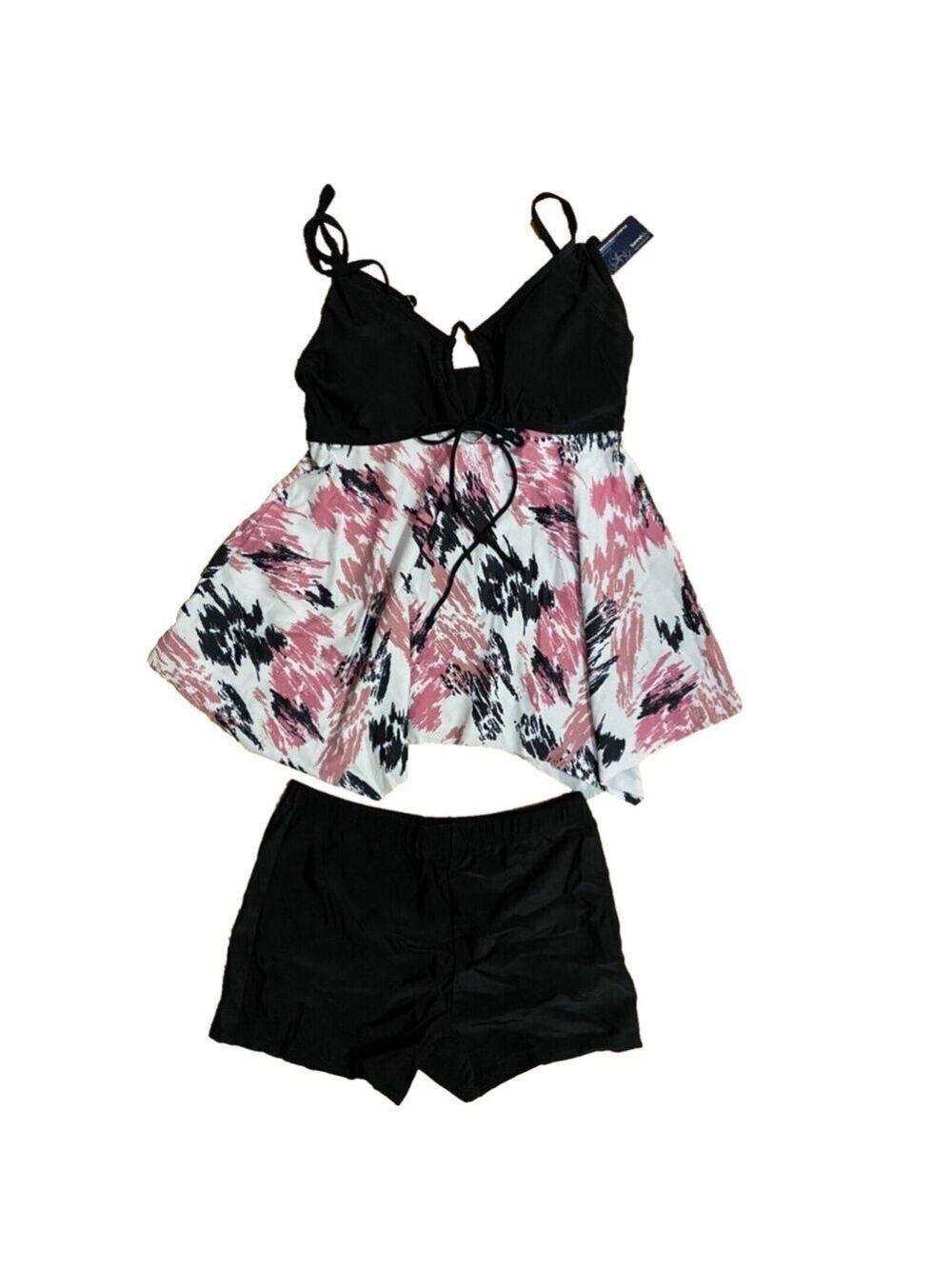 Summer Mae Women's Two Piece Swimdress Tankini Black Top Flowy Hem Size Medium